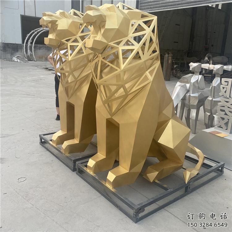 鏤空獅子雕塑 幾何動(dòng)物不銹鋼雕塑