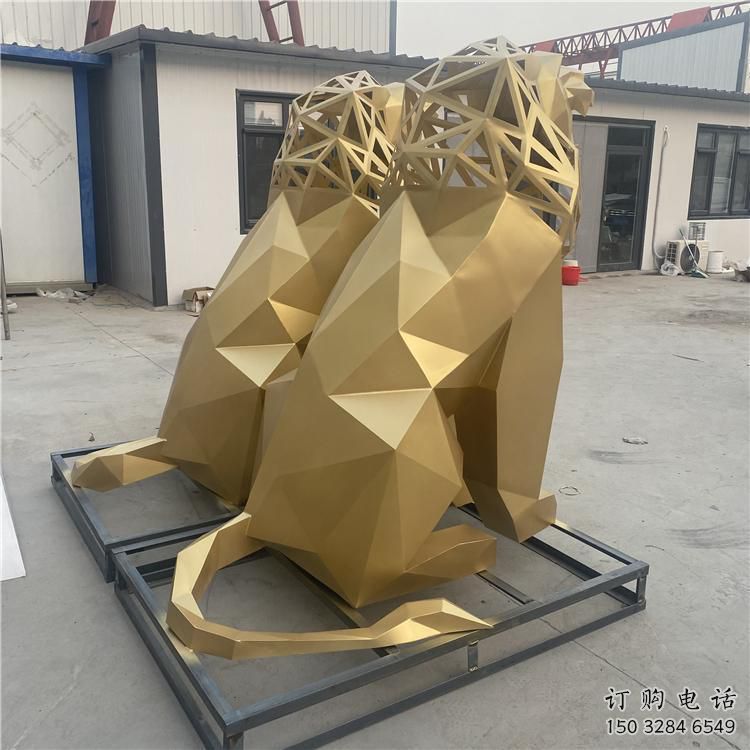 幾何獅子雕塑 不銹鋼切面動物雕塑