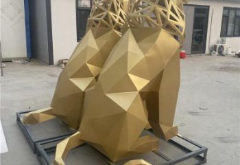 幾何獅子雕塑 不銹鋼切面動物雕塑