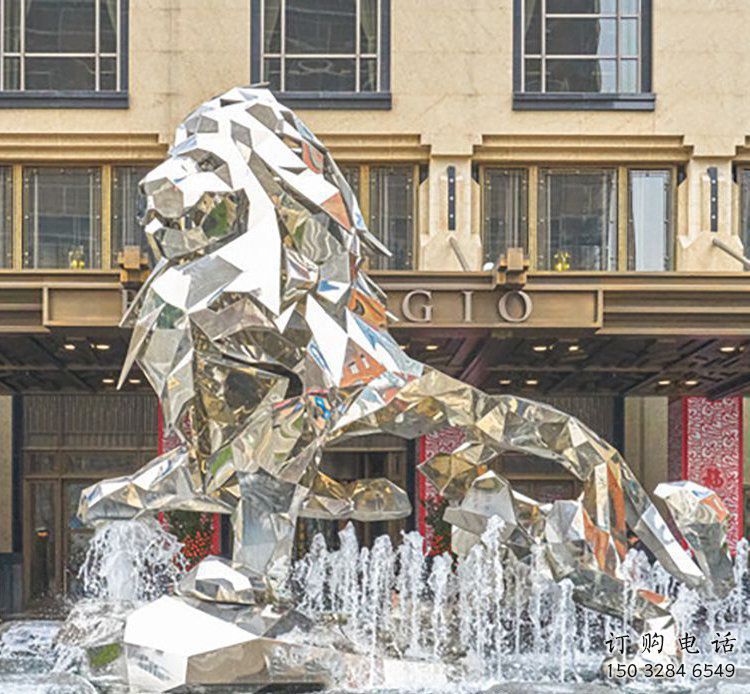 不銹鋼獅子雕塑廠家 幾何獅子雕塑 獅子噴泉雕塑廠家
