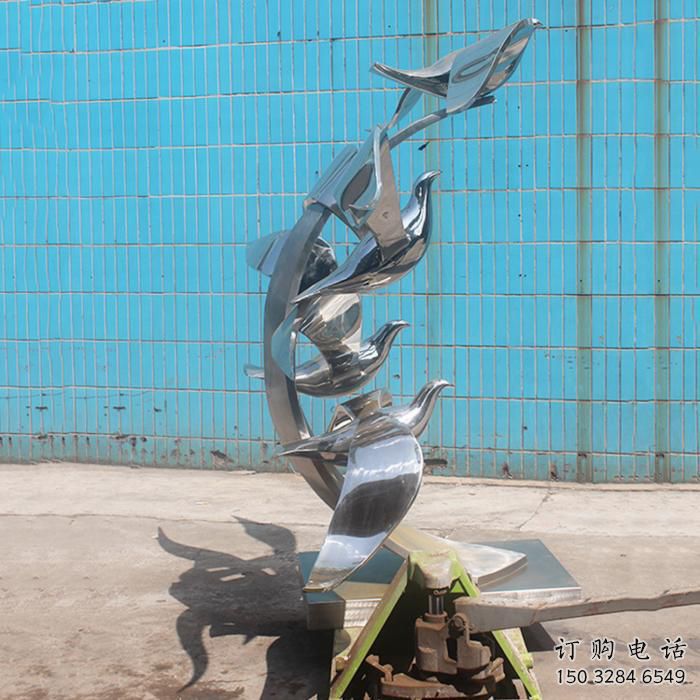 鏡面鴻雁雕塑廠家 幾何異形小品 戶外鏡面鴻雁雕塑