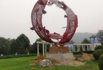 商業街魚跨環雕塑廠家 大型創意擺件 步行街異形魚跨環雕塑