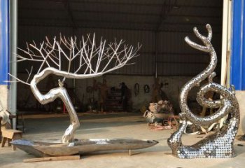 異形迎客松雕塑廠家 現代小品 公園不銹鋼迎客松雕塑廠