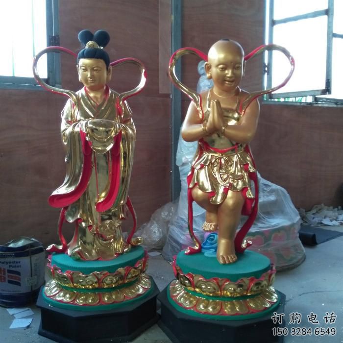 現代金童玉女雕塑廠家 大型擺件  彩繪金童玉女雕塑小品