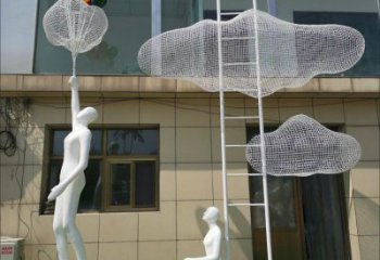鏤空云朵不銹鋼雕塑 人物云朵組合造型