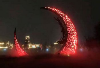 公園月亮雕塑效果圖，噴砂發(fā)光雕塑，鍛造工藝制作