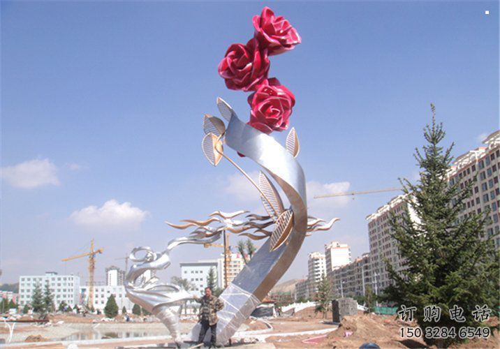 烤漆月季雕塑承接，美陳雕塑，月季花朵雕塑廠家