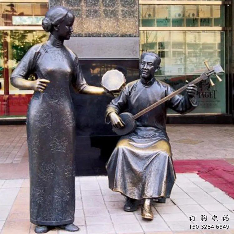 拉二胡雕塑觀賞型，公園小品，別墅民俗人物雕塑生產(chǎn)商