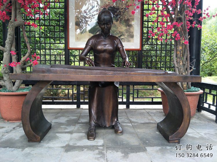 彈古箏雕塑選用，景區案例，純銅仿古制造商