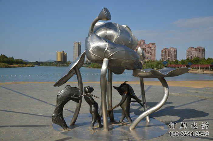 城關(guān)蓮蓬嬉戲雕塑，城市植物景觀雕塑，不銹鋼鏡面效果