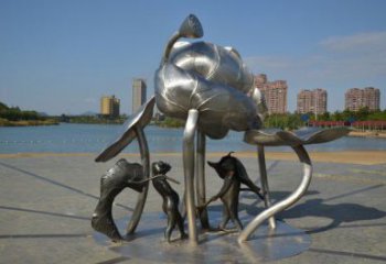 三明蓮蓬嬉戲雕塑，城市植物景觀雕塑，不銹鋼鏡面效果
